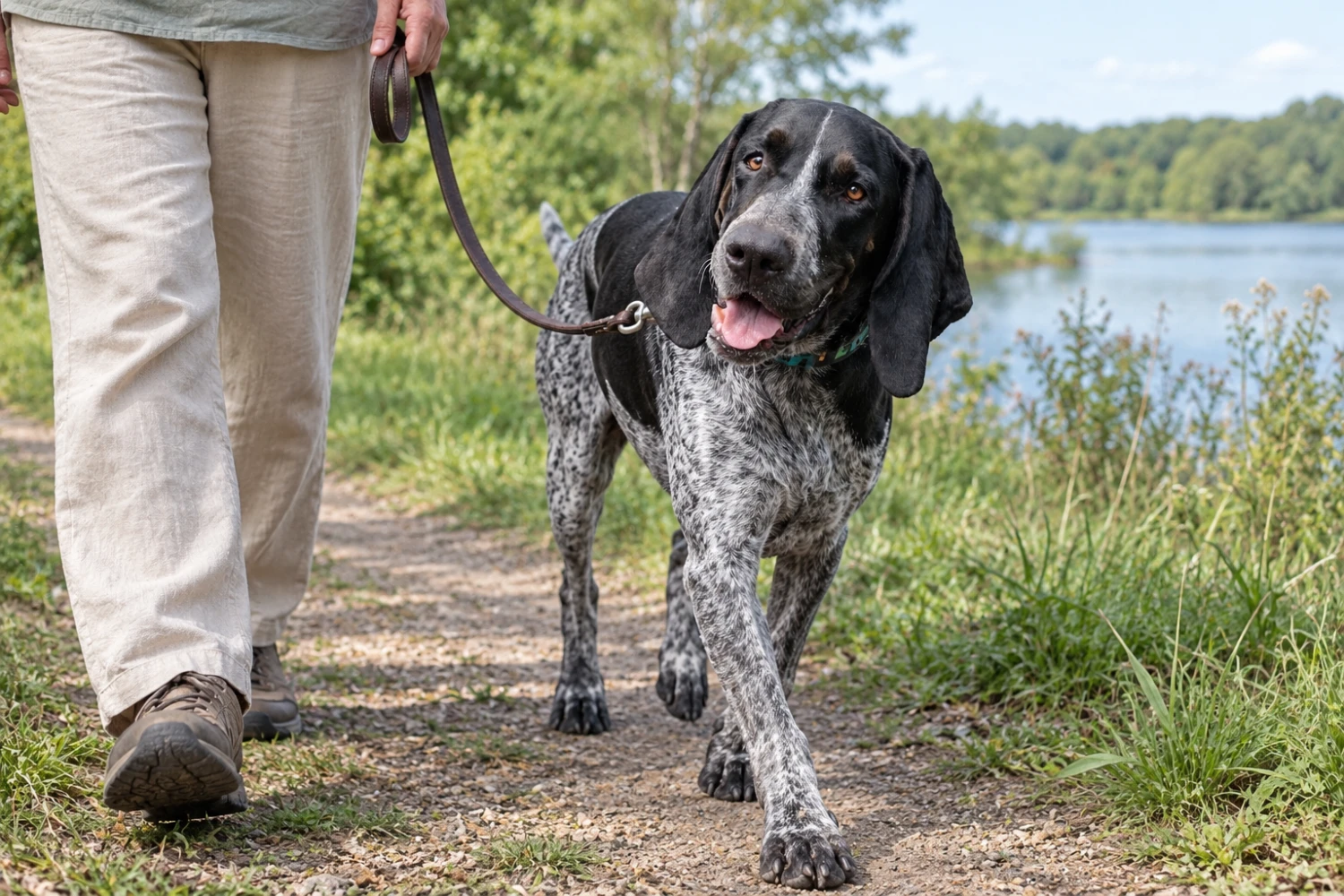 Ein gesprenkelter Hund bei einem entspannten Spaziergang, daneben die Beine eines Menschen.