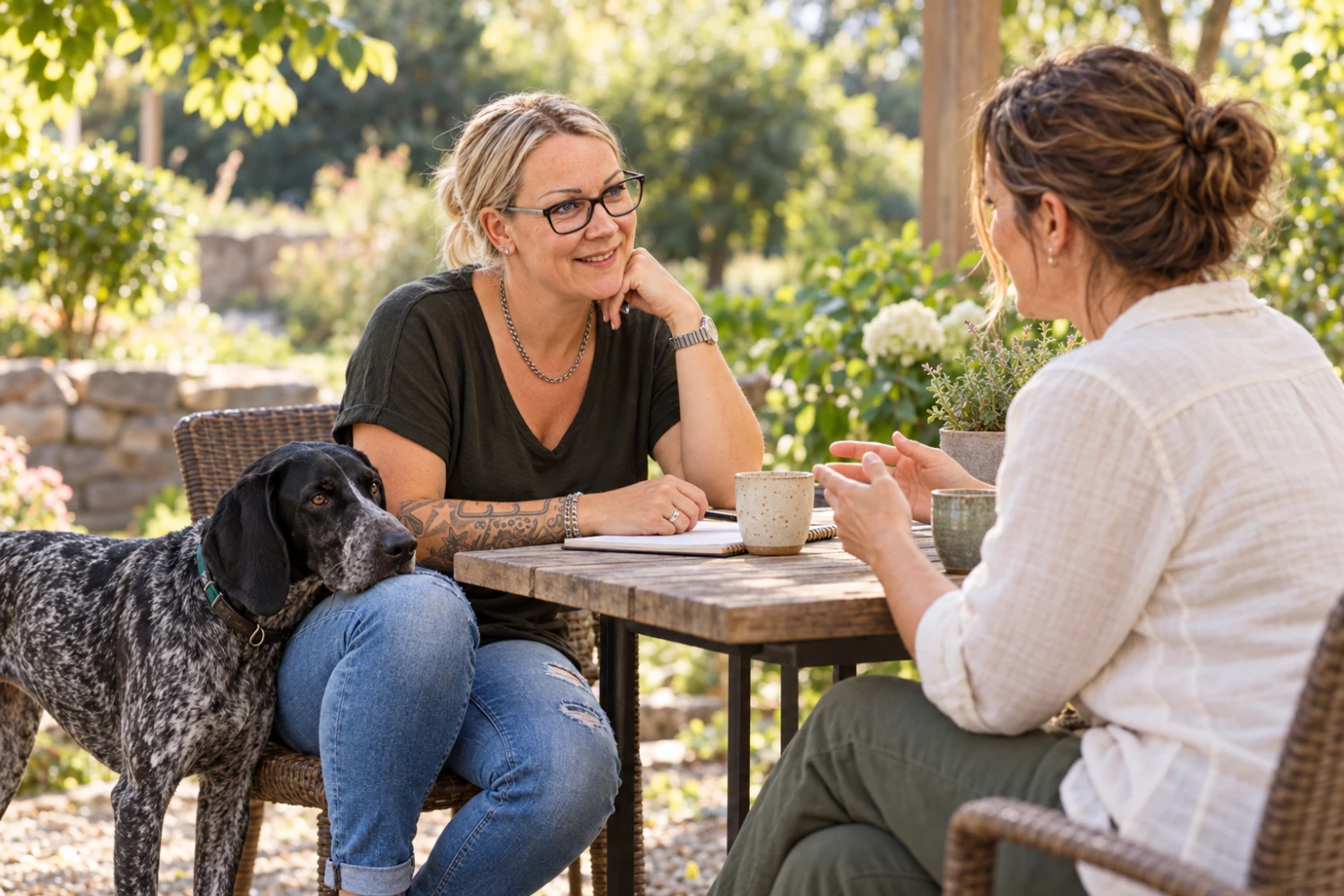 Zwei Frauen im pers&ouml;nlichen Gespr&auml;ch am Gartentisch, ein Hund sitzt daneben.