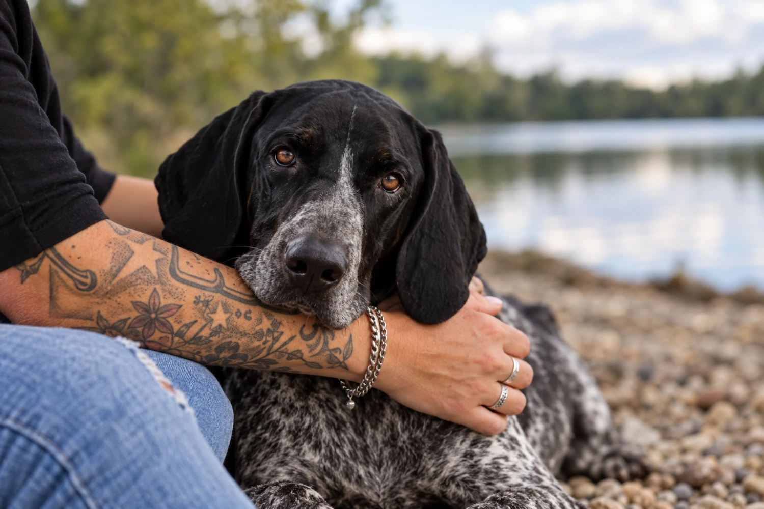 Ein gesprenkelter Hund legt sein Kinn auf einen tätowierten Arm.