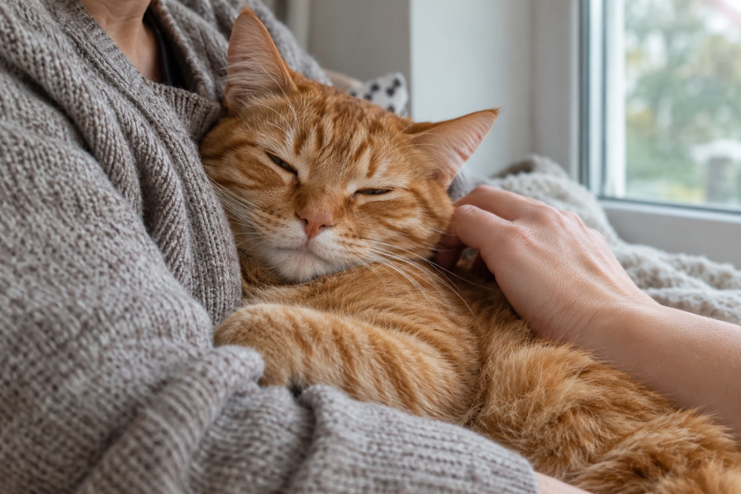 Eine rot getigerte Katze liegt entspannt in einem Arm und wird gestreichelt.