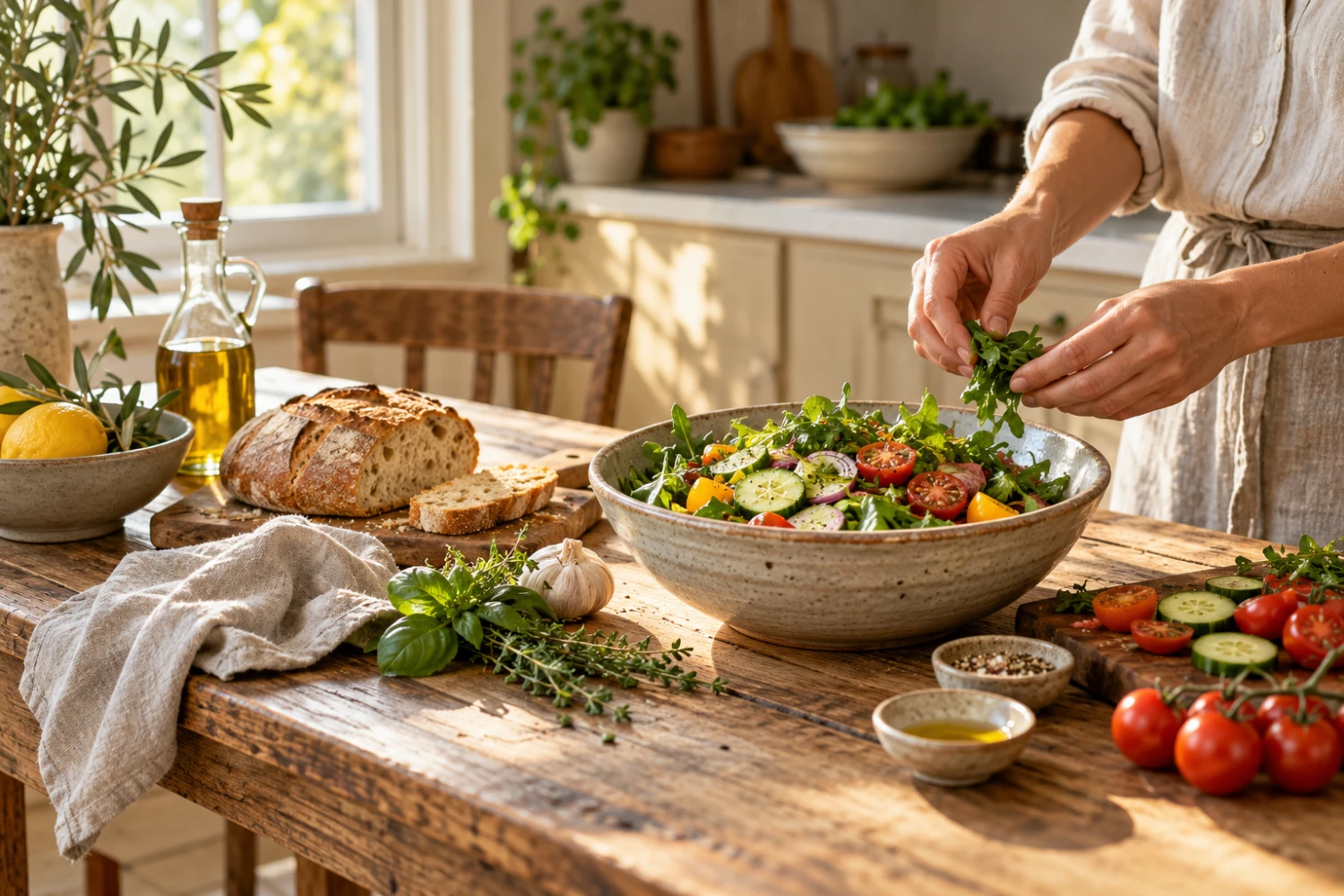 Frische Zutaten, Brot und Kr&auml;uter auf einem K&uuml;chentisch, H&auml;nde bereiten eine Mahlzeit vor.