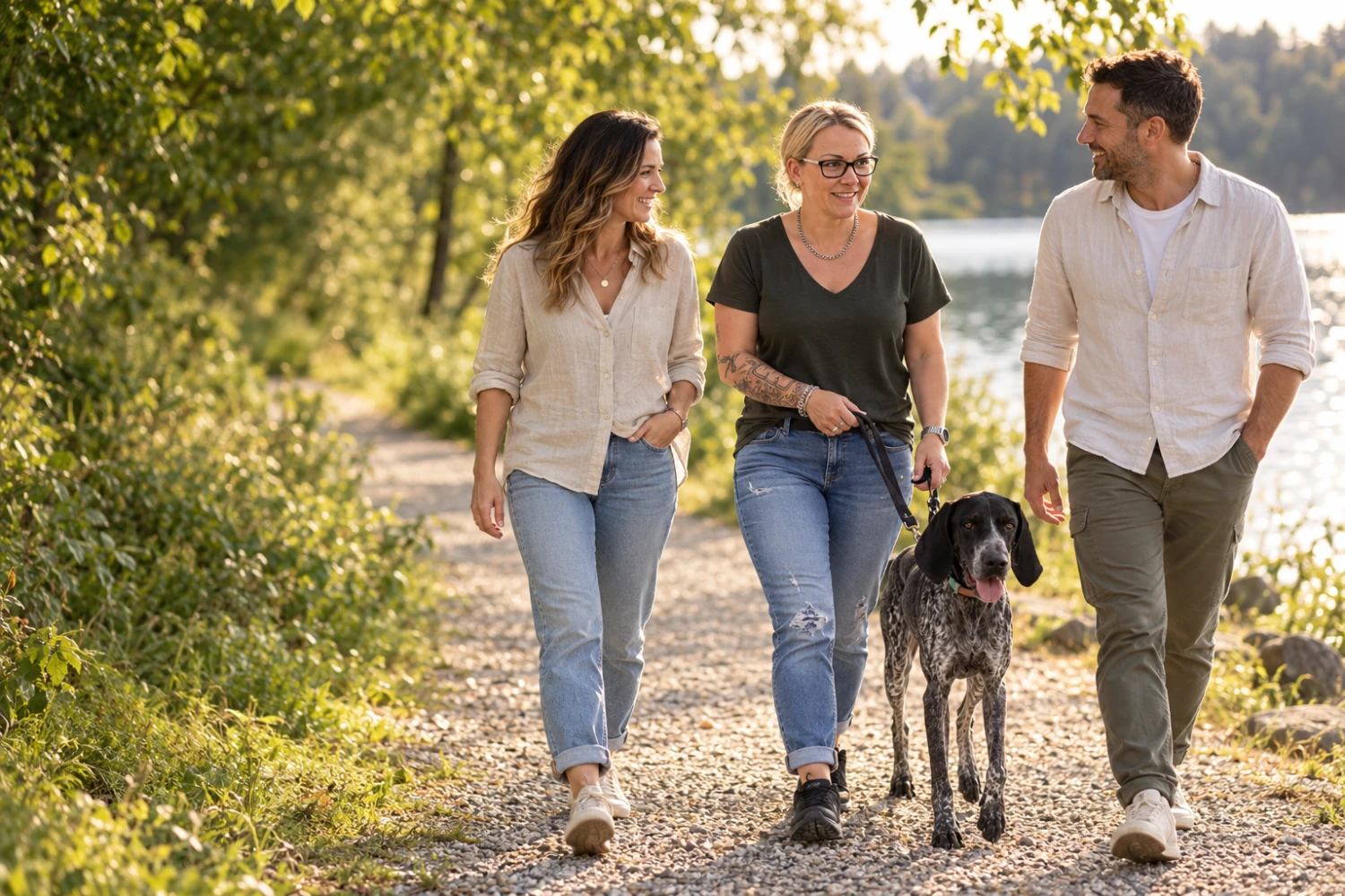 Drei Menschen und ein Hund bei einem gemeinsamen Spaziergang am See.