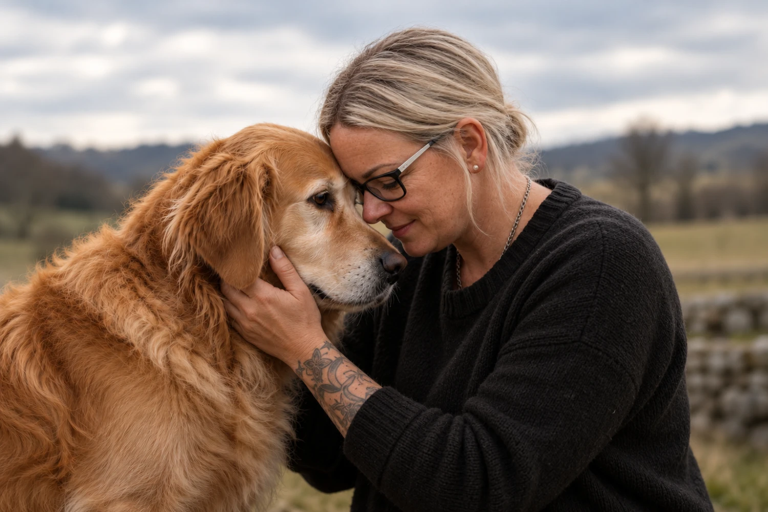 Eine Frau legt ihre Stirn liebevoll an einen Golden Retriever.
