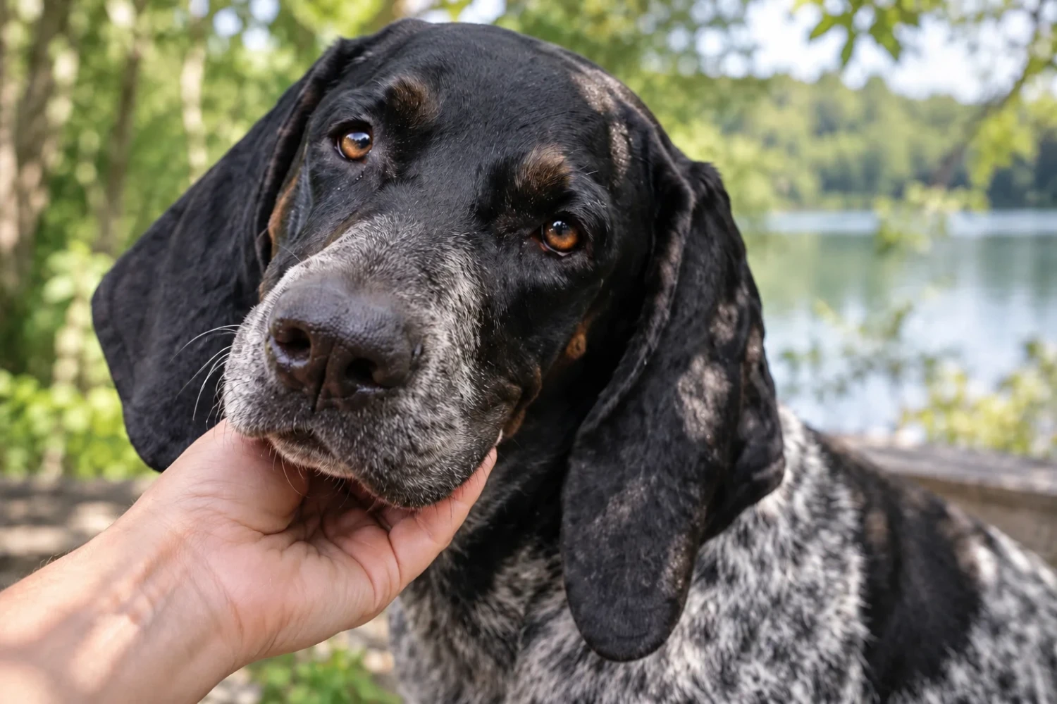Eine Hand hält liebevoll das Kinn eines gesprenkelten Hundes.