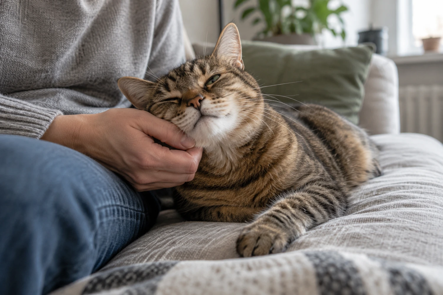 Eine getigerte Katze schmiegt ihre Wange in eine streichelnde Hand.