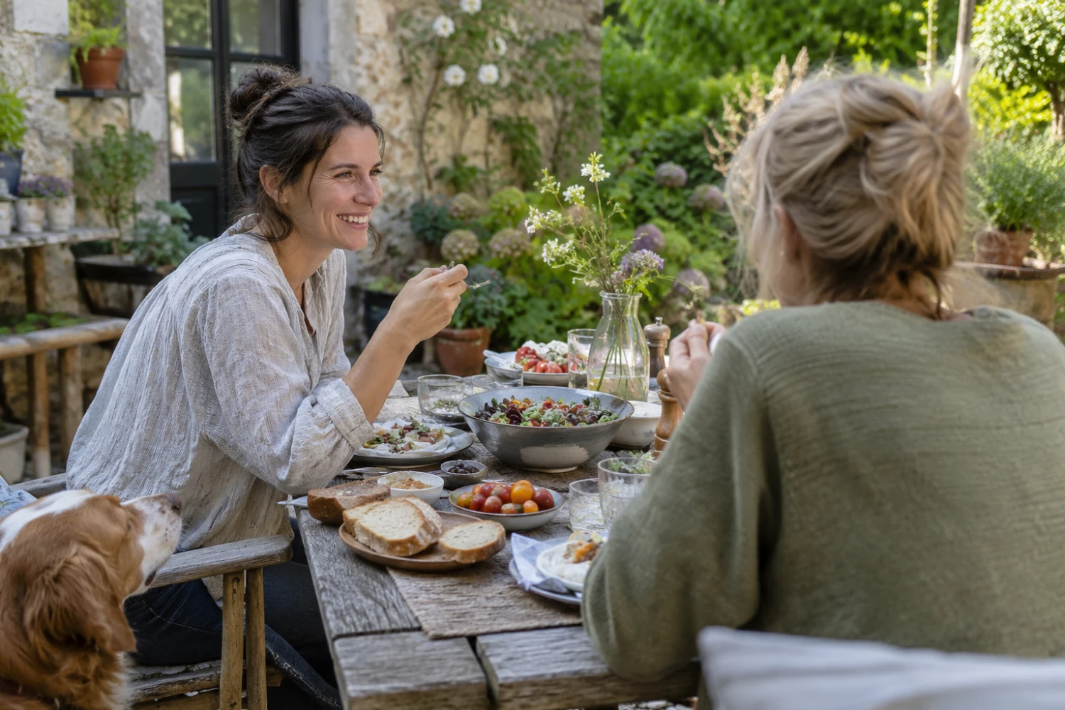 Zwei Menschen teilen eine Mahlzeit und ein fröhliches Gespräch im Garten.